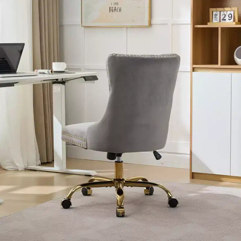 Moderne draaibare bureaustoel voor thuis met gestoffeerde rug, zachte fluweelbekleding, chroom metalen onderstel, in hoogte verstelbaar van 19,7" tot 22,4"