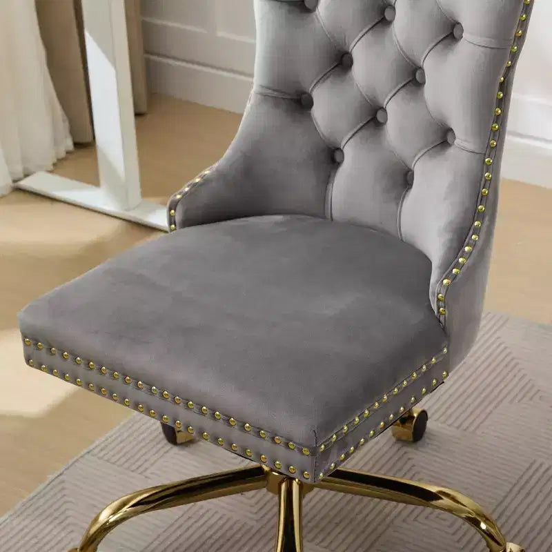 Moderne draaibare bureaustoel voor thuis met gestoffeerde rug, zachte fluweelbekleding, chroom metalen onderstel, in hoogte verstelbaar van 19,7" tot 22,4"