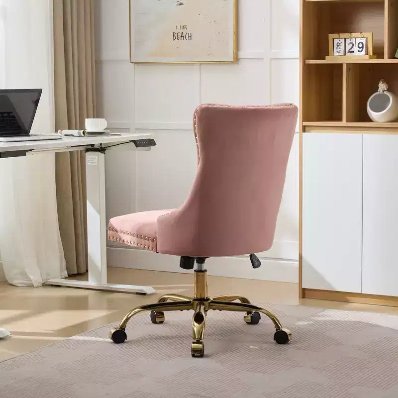 Moderne draaibare bureaustoel voor thuis met gestoffeerde rug, zachte fluweelbekleding, chroom metalen onderstel, in hoogte verstelbaar van 19,7" tot 22,4"