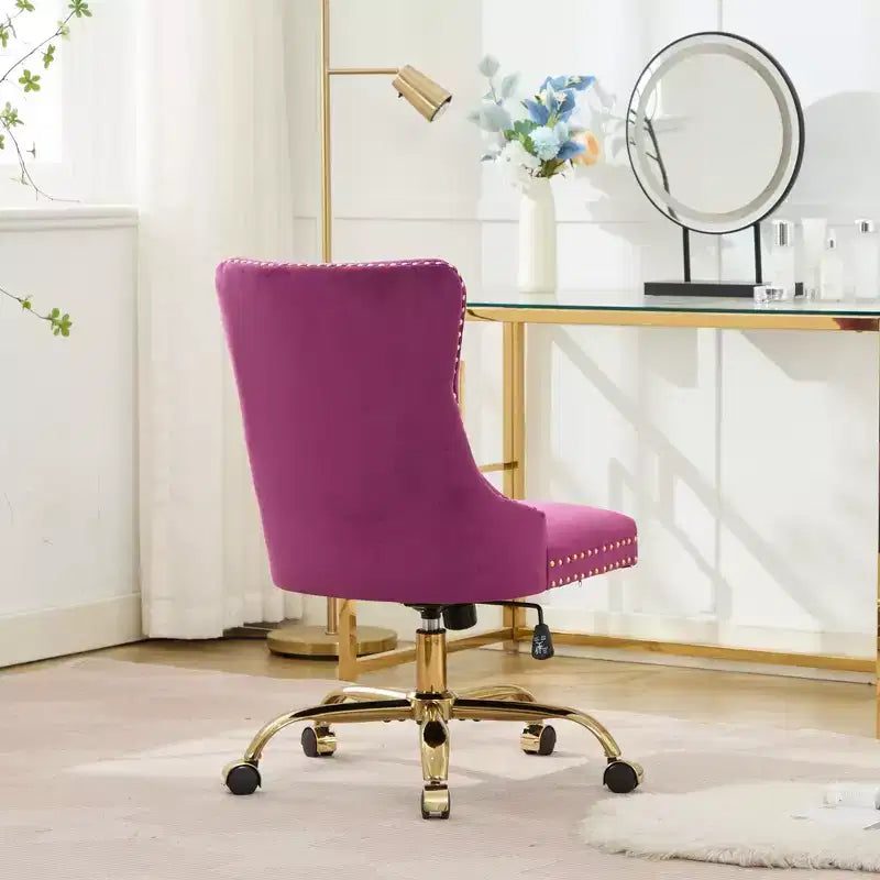 Moderne draaibare bureaustoel voor thuis met gestoffeerde rug, zachte fluweelbekleding, chroom metalen onderstel, in hoogte verstelbaar van 19,7" tot 22,4"