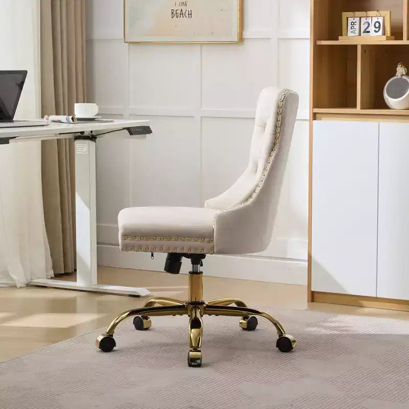 Moderne draaibare bureaustoel voor thuis met gestoffeerde rug, zachte fluweelbekleding, chroom metalen onderstel, in hoogte verstelbaar van 19,7" tot 22,4"