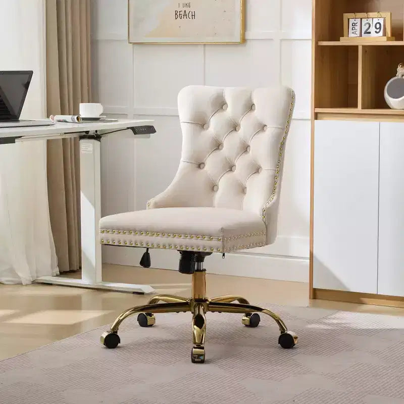 Moderne draaibare bureaustoel voor thuis met gestoffeerde rug, zachte fluweelbekleding, chroom metalen onderstel, in hoogte verstelbaar van 19,7" tot 22,4"