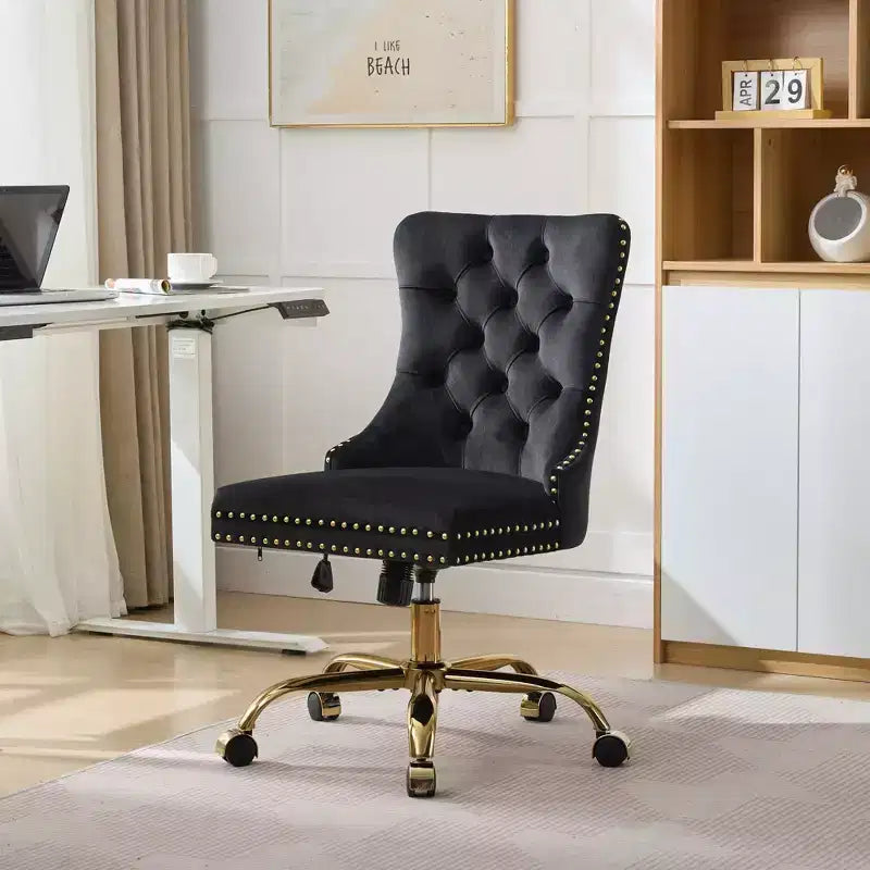 Moderne draaibare bureaustoel voor thuis met gestoffeerde rug, zachte fluweelbekleding, chroom metalen onderstel, in hoogte verstelbaar van 19,7" tot 22,4"