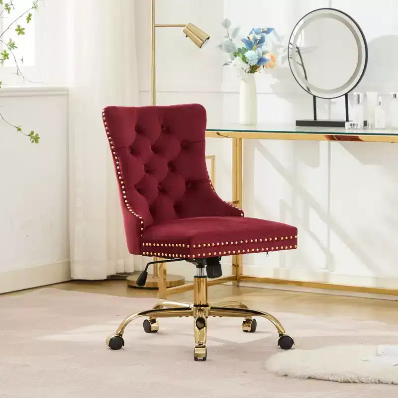 Moderne draaibare bureaustoel voor thuis met gestoffeerde rug, zachte fluweelbekleding, chroom metalen onderstel, in hoogte verstelbaar van 19,7" tot 22,4"