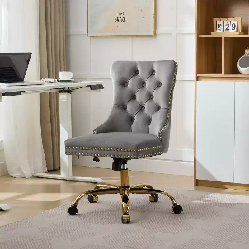Moderne draaibare bureaustoel voor thuis met gestoffeerde rug, zachte fluweelbekleding, chroom metalen onderstel, in hoogte verstelbaar van 19,7" tot 22,4"