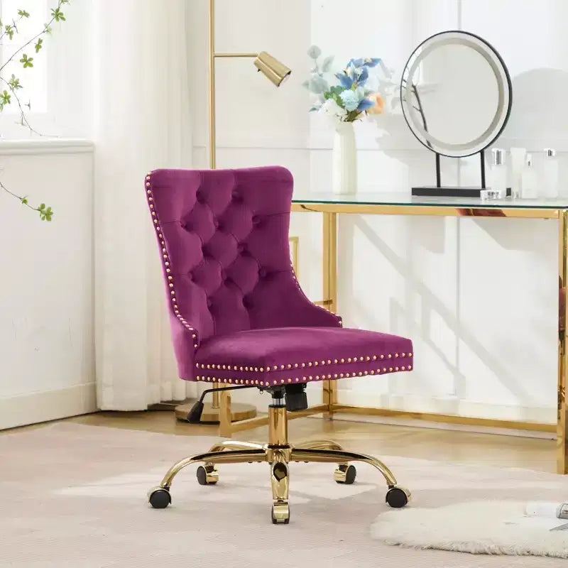 Moderne draaibare bureaustoel voor thuis met gestoffeerde rug, zachte fluweelbekleding, chroom metalen onderstel, in hoogte verstelbaar van 19,7" tot 22,4"