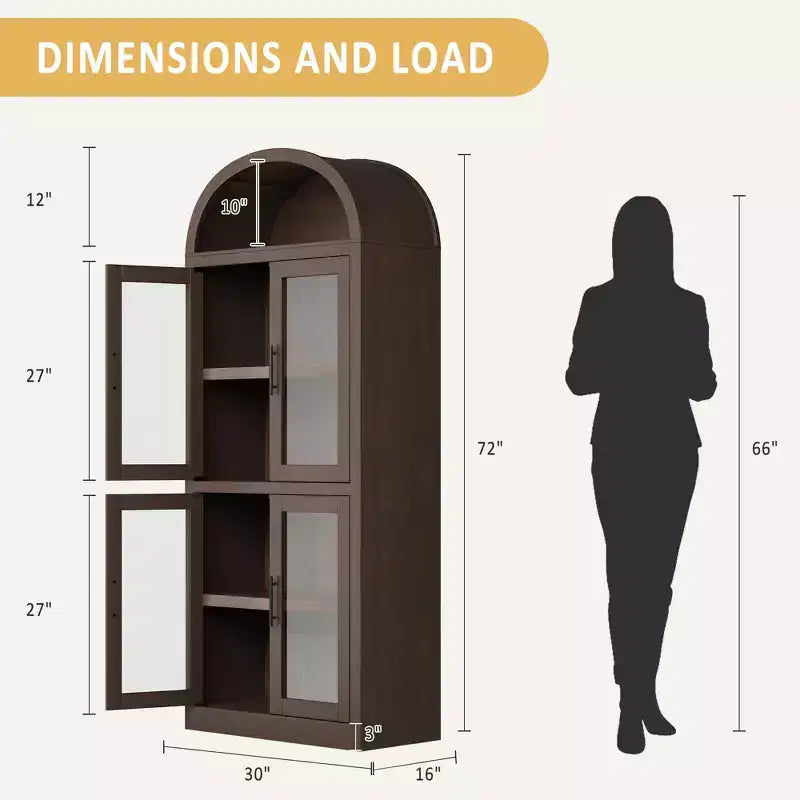 Gabinete de despensa moderno estilo granja con arco, rojo marrón, 4 puertas de vidrio y 6 niveles de estantes