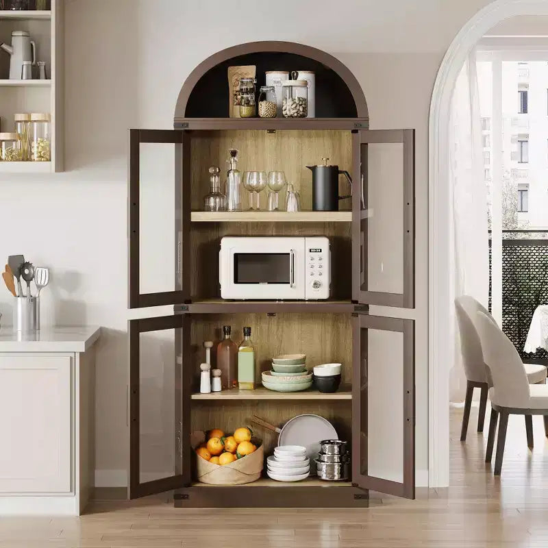 Gabinete de despensa moderno estilo granja con arco, rojo marrón, 4 puertas de vidrio y 6 niveles de estantes