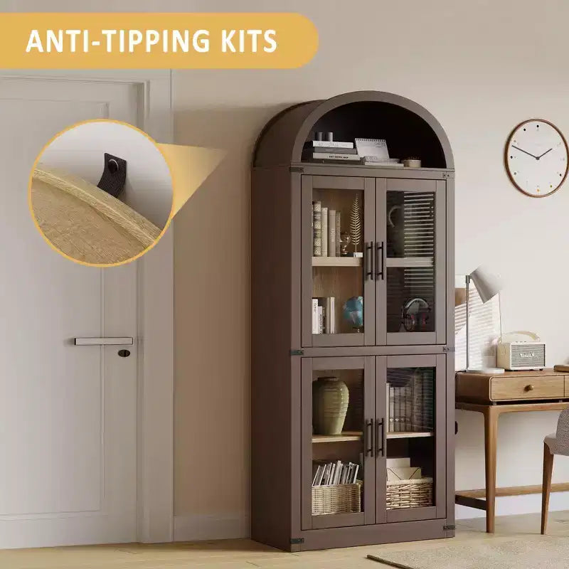 Gabinete de despensa moderno estilo granja con arco, rojo marrón, 4 puertas de vidrio y 6 niveles de estantes