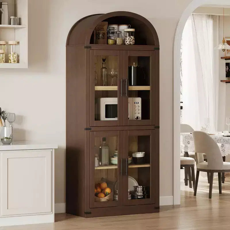 Gabinete de despensa moderno estilo granja con arco, rojo marrón, 4 puertas de vidrio y 6 niveles de estantes