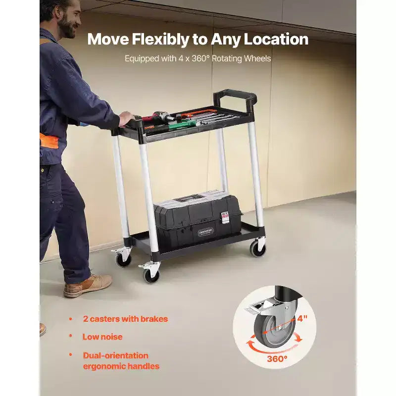 2-stufiger Kunststoff-Nutzwagen, 300 lbs Tragkraft, 360°-Drehrollen mit Bremsen, 24,4"x16,1", Schwarz  