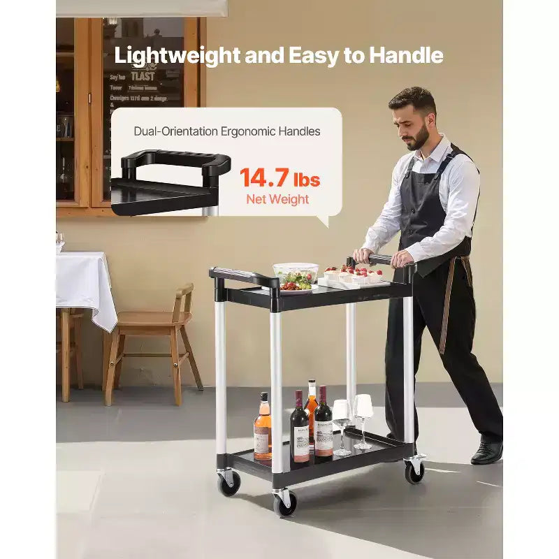 2-stufiger Kunststoff-Nutzwagen, 300 lbs Tragkraft, 360°-Drehrollen mit Bremsen, 24,4"x16,1", Schwarz  