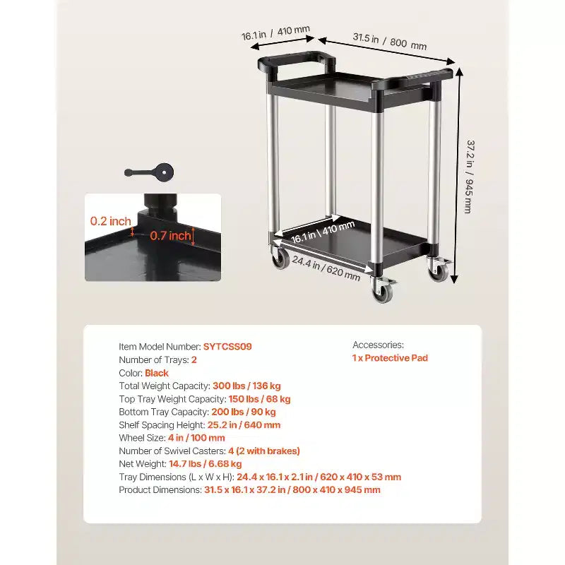 2-stufiger Kunststoff-Nutzwagen, 300 lbs Tragkraft, 360°-Drehrollen mit Bremsen, 24,4"x16,1", Schwarz  