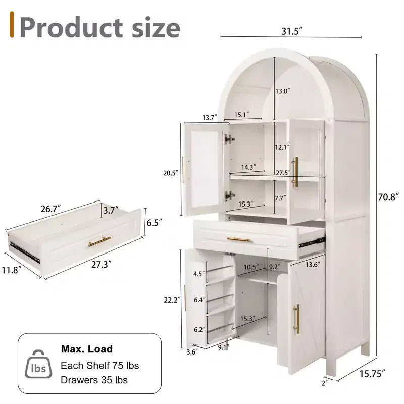 Gabinete alto para despensa con puertas de vidrio y estantes ajustables, aparador para exhibición en comedor y cocina