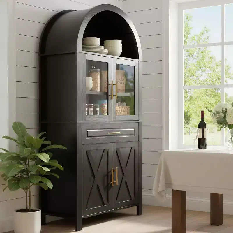 Gabinete alto para despensa con puertas de vidrio y estantes ajustables, aparador para exhibición en comedor y cocina