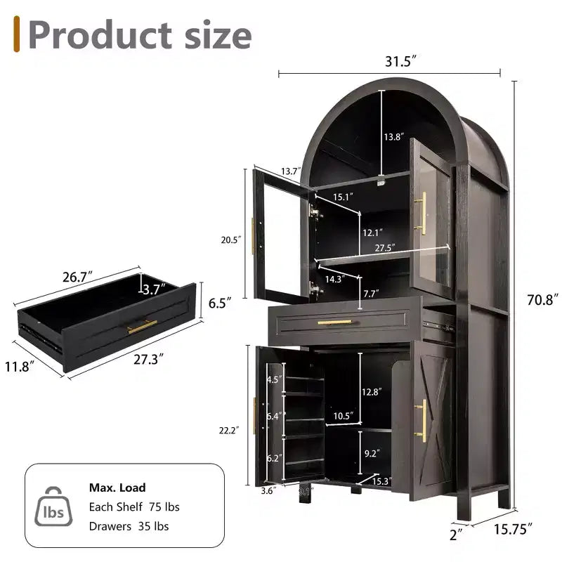 Hoge boogvormige voorraadkast met glazen deuren en verstelbare planken, display dressoir voor eetkamer en keuken
