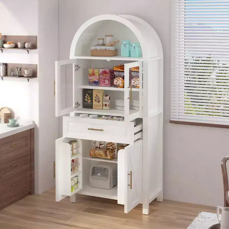 Gabinete alto para despensa con puertas de vidrio y estantes ajustables, aparador para exhibición en comedor y cocina