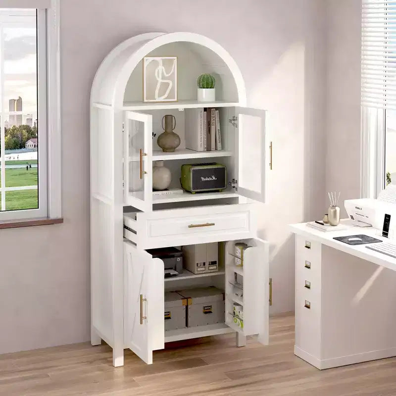Gabinete alto para despensa con puertas de vidrio y estantes ajustables, aparador para exhibición en comedor y cocina