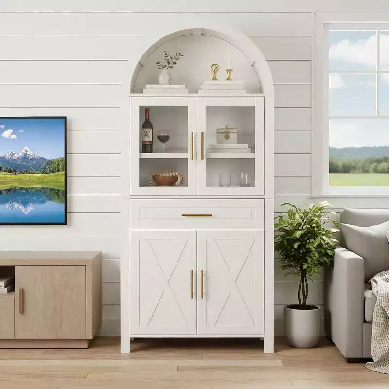 Hoge boogvormige voorraadkast met glazen deuren en verstelbare planken, display dressoir voor eetkamer en keuken