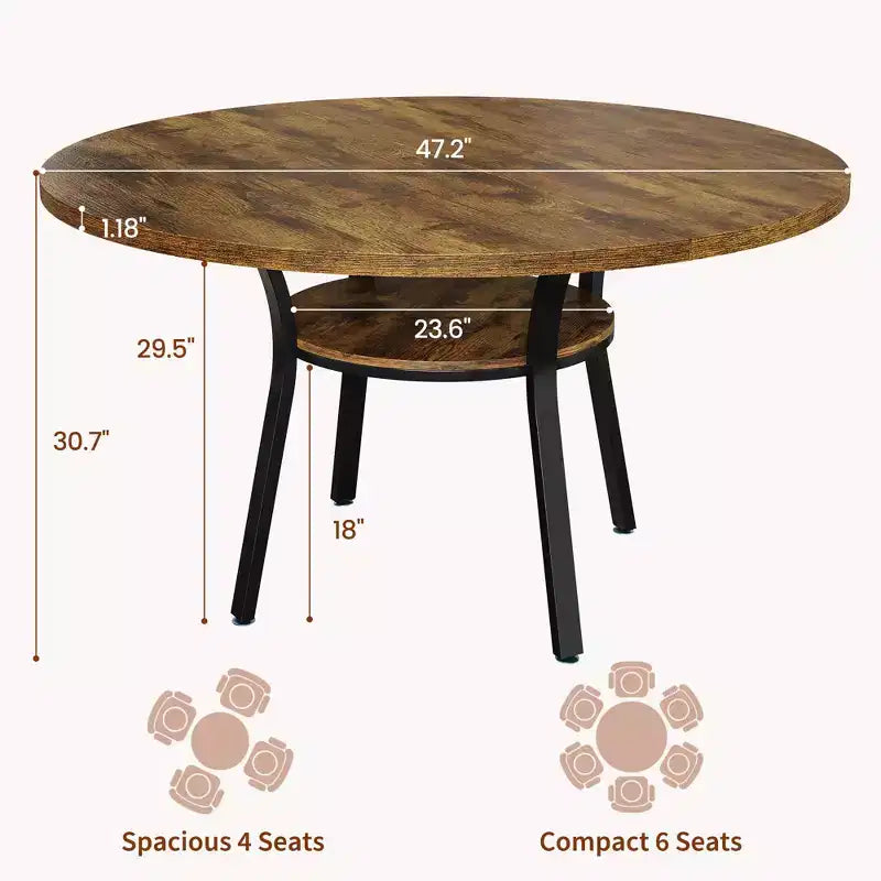 Ronde eettafel voor 4-6 personen, 47 keuken tafel met opbergruimte, houten ronde eettafel met metalen poten, moderne eettafels voor keuken