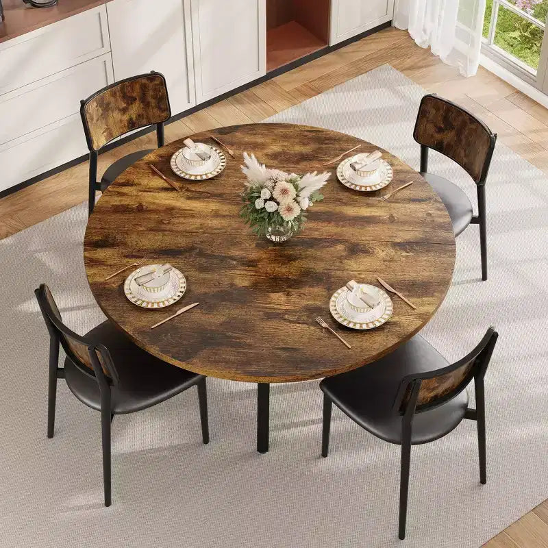 Ronde eettafel voor 4-6 personen, 47 keuken tafel met opbergruimte, houten ronde eettafel met metalen poten, moderne eettafels voor keuken