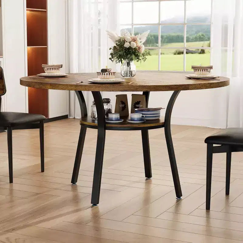 Ronde eettafel voor 4-6 personen, 47 keuken tafel met opbergruimte, houten ronde eettafel met metalen poten, moderne eettafels voor keuken