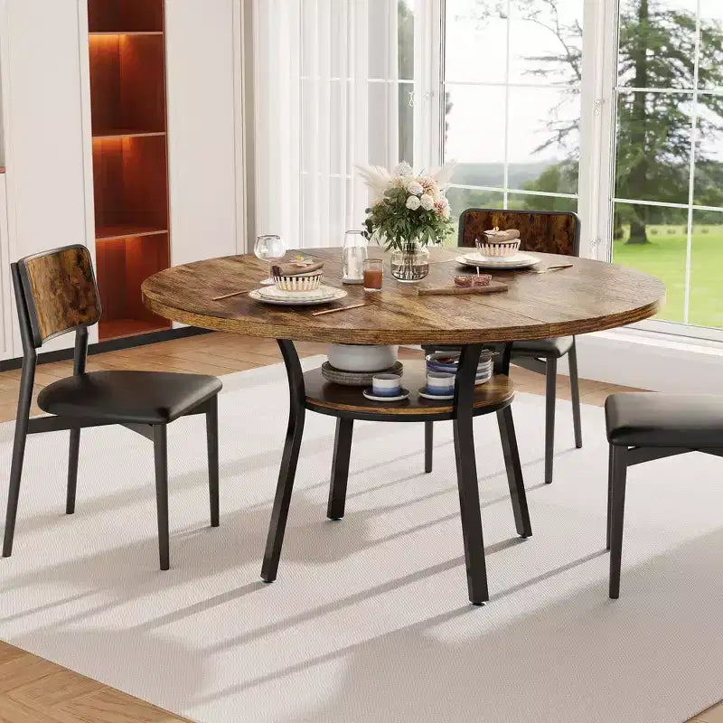 Ronde eettafel voor 4-6 personen, 47 keuken tafel met opbergruimte, houten ronde eettafel met metalen poten, moderne eettafels voor keuken