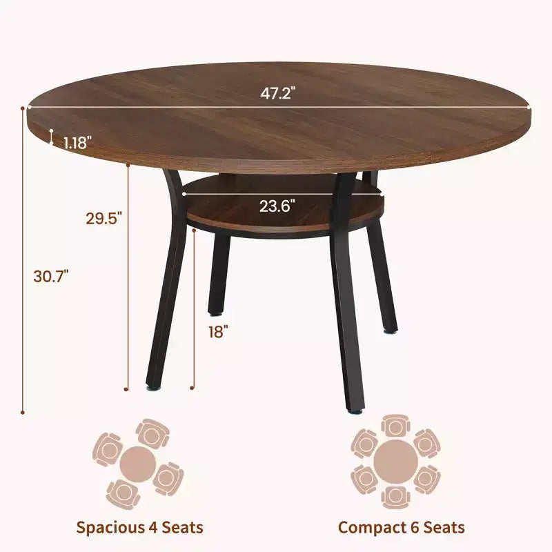 Ronde eettafel voor 4-6 personen, 47 keuken tafel met opbergruimte, houten ronde eettafel met metalen poten, moderne eettafels voor keuken