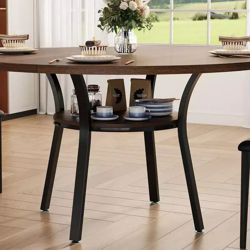 Ronde eettafel voor 4-6 personen, 47 keuken tafel met opbergruimte, houten ronde eettafel met metalen poten, moderne eettafels voor keuken