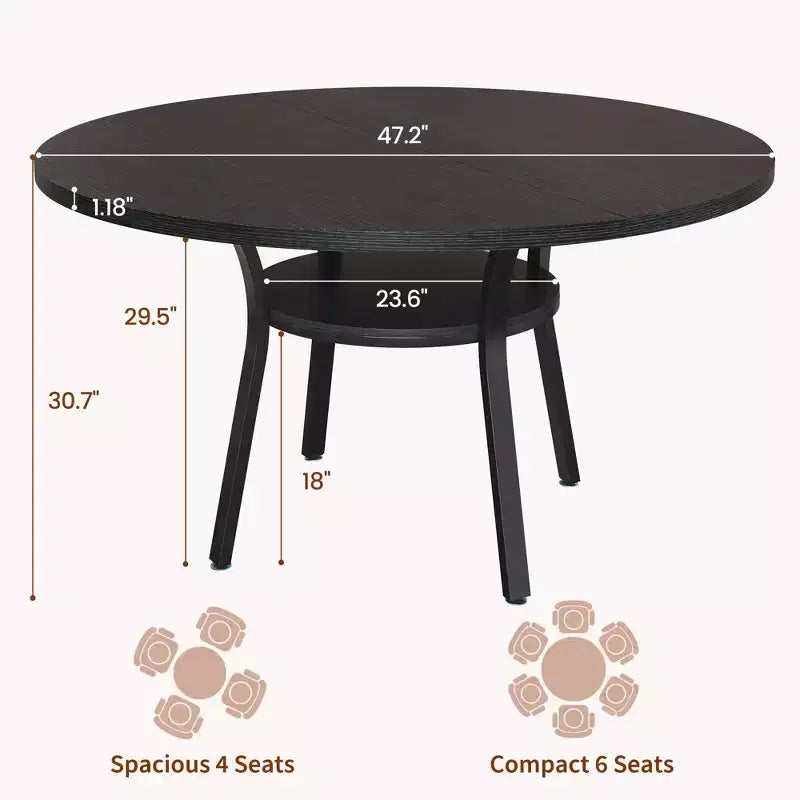 Ronde eettafel voor 4-6 personen, 47 keuken tafel met opbergruimte, houten ronde eettafel met metalen poten, moderne eettafels voor keuken