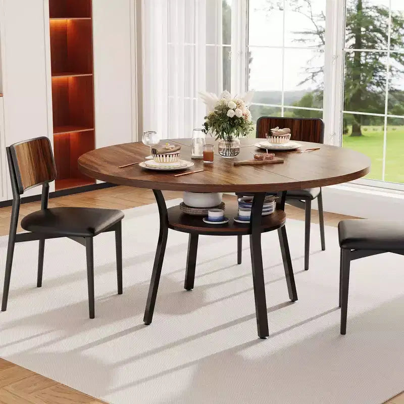 Ronde eettafel voor 4-6 personen, 47 keuken tafel met opbergruimte, houten ronde eettafel met metalen poten, moderne eettafels voor keuken