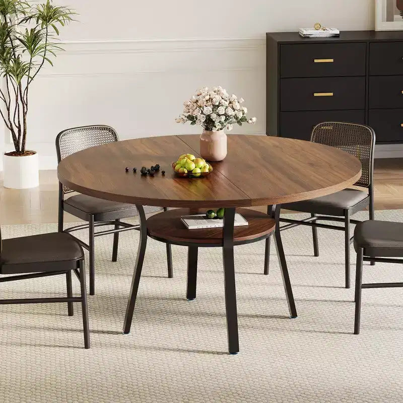 Ronde eettafel voor 4-6 personen, 47 keuken tafel met opbergruimte, houten ronde eettafel met metalen poten, moderne eettafels voor keuken