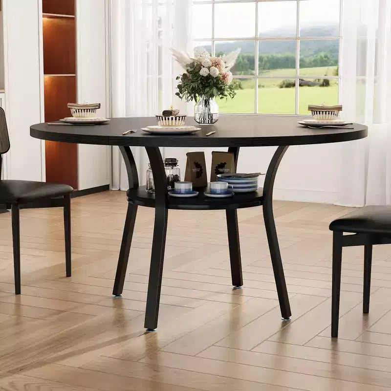 Ronde eettafel voor 4-6 personen, 47 keuken tafel met opbergruimte, houten ronde eettafel met metalen poten, moderne eettafels voor keuken