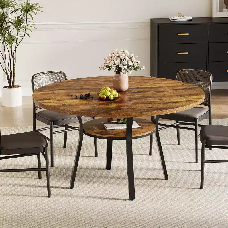 Ronde eettafel voor 4-6 personen, 47 keuken tafel met opbergruimte, houten ronde eettafel met metalen poten, moderne eettafels voor keuken