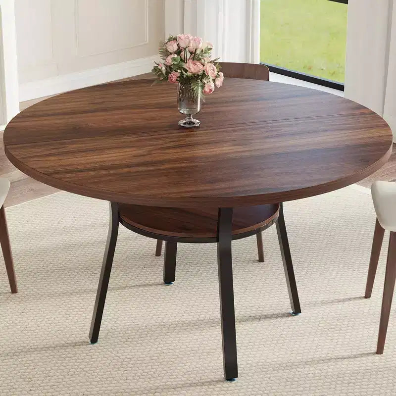 Ronde eettafel voor 4-6 personen, 47 keuken tafel met opbergruimte, houten ronde eettafel met metalen poten, moderne eettafels voor keuken