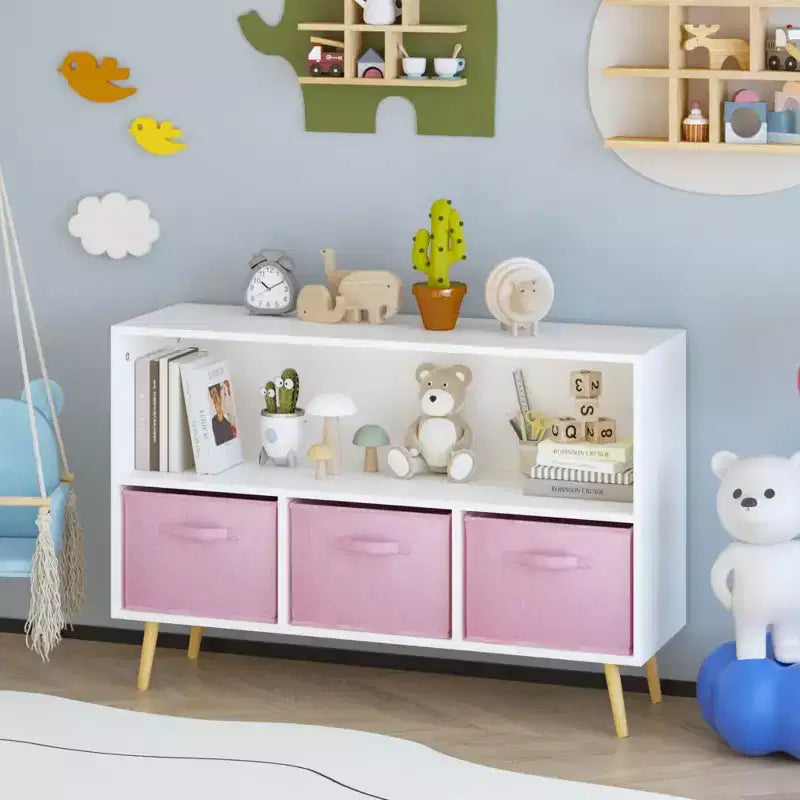 Libreria per Bambini con Cassetti in Tessuto Pieghevoli, Espositore per Libri, Mobile Organizer per Giocattoli, Bianco/Rosa