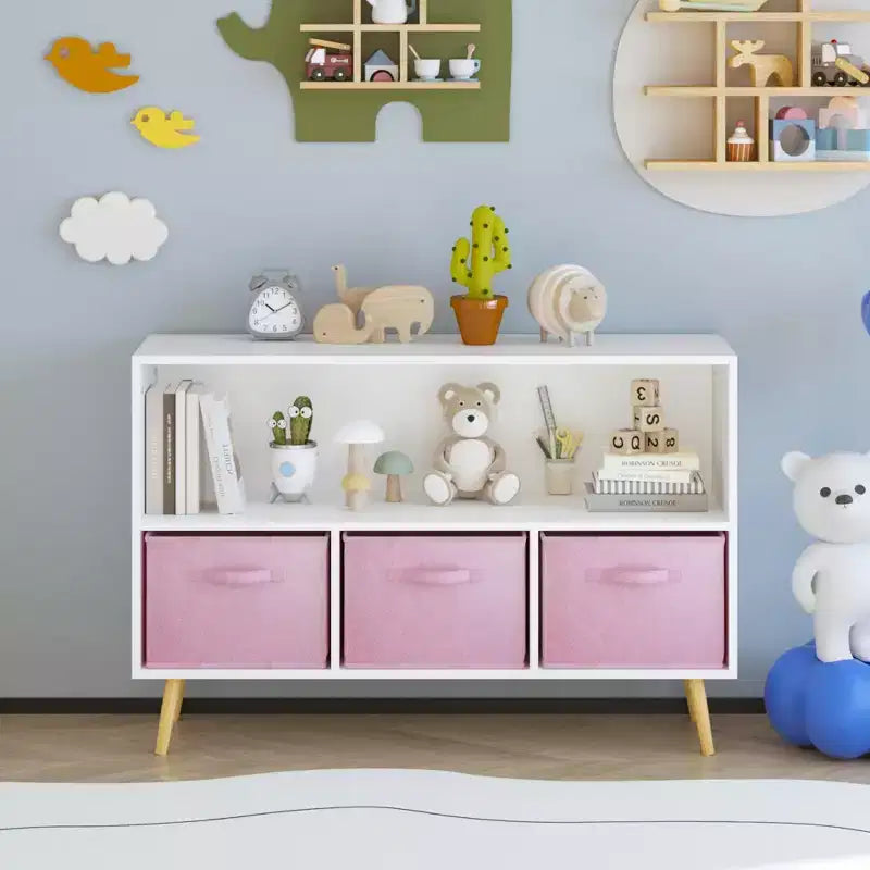 Kinderbücherregal mit faltbaren Stoffschubladen, Kinderbuchpräsentation, Spielzeug-Aufbewahrungsschrank, Weiß/Rosa  