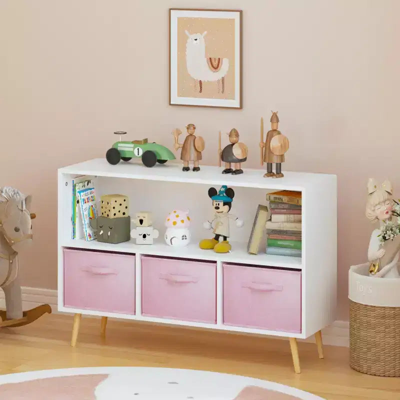Kinderbücherregal mit faltbaren Stoffschubladen, Kinderbuchpräsentation, Spielzeug-Aufbewahrungsschrank, Weiß/Rosa  