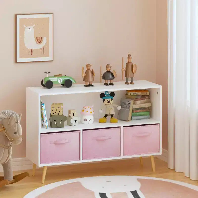 Libreria per Bambini con Cassetti in Tessuto Pieghevoli, Espositore per Libri, Mobile Organizer per Giocattoli, Bianco/Rosa
