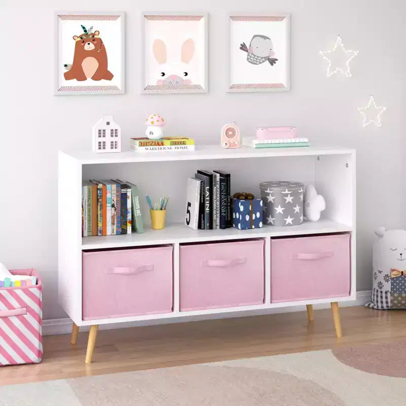 Libreria per Bambini con Cassetti in Tessuto Pieghevoli, Espositore per Libri, Mobile Organizer per Giocattoli, Bianco/Rosa