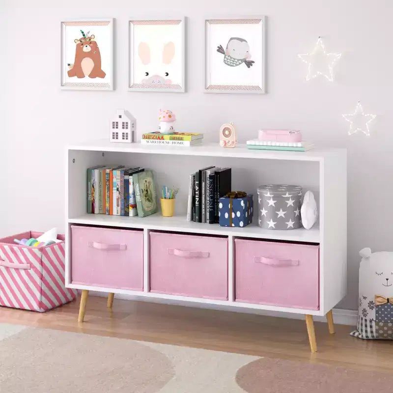 Libreria per Bambini con Cassetti in Tessuto Pieghevoli, Espositore per Libri, Mobile Organizer per Giocattoli, Bianco/Rosa