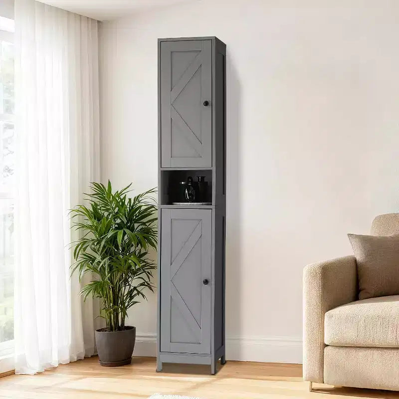 Hoge smalle badkameropbergkast met 3-deurs kast, verstelbare planken, open plank, metalen handgrepen en scharnieren