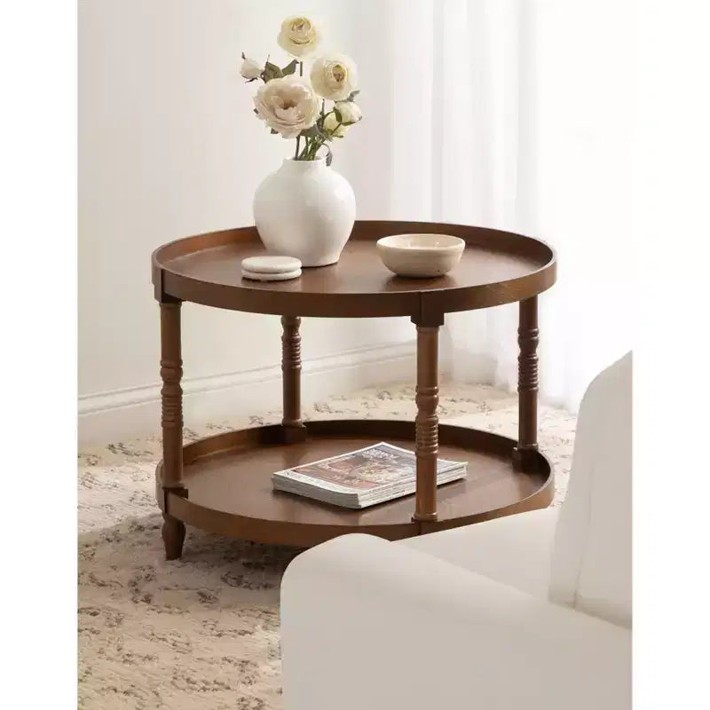 Ronde Houten Salontafel, Twee Niveaus, Rustiek Bruin, 28,25"x20,5"