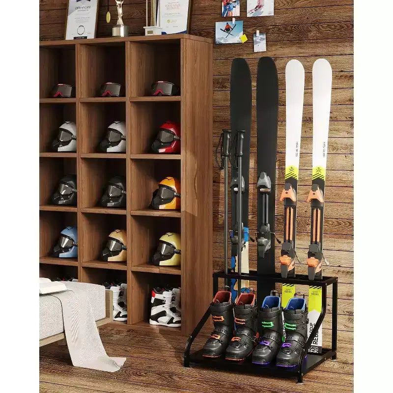 Steel Ski Storage Rack, Freestanding Floor Stand Ski Holder Holds 4 Pairs of Skis, Poles, Boots, Helmet & Goggles, Ski Organizer for Garage, Basement