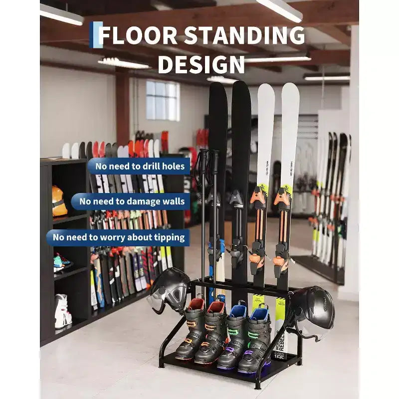 Steel Ski Storage Rack, Freestanding Floor Stand Ski Holder Holds 4 Pairs of Skis, Poles, Boots, Helmet & Goggles, Ski Organizer for Garage, Basement
