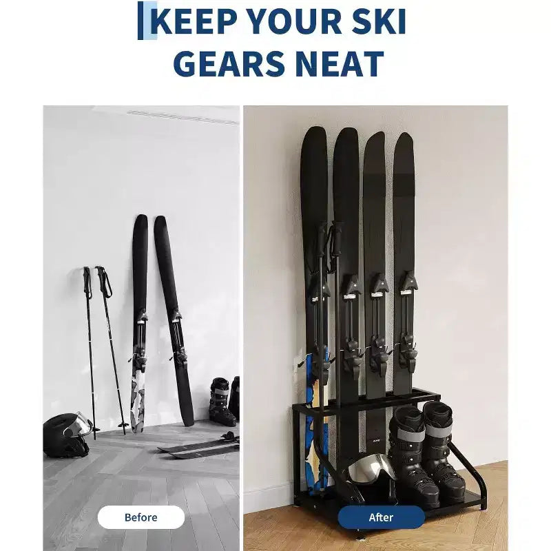 Steel Ski Storage Rack, Freestanding Floor Stand Ski Holder Holds 4 Pairs of Skis, Poles, Boots, Helmet & Goggles, Ski Organizer for Garage, Basement