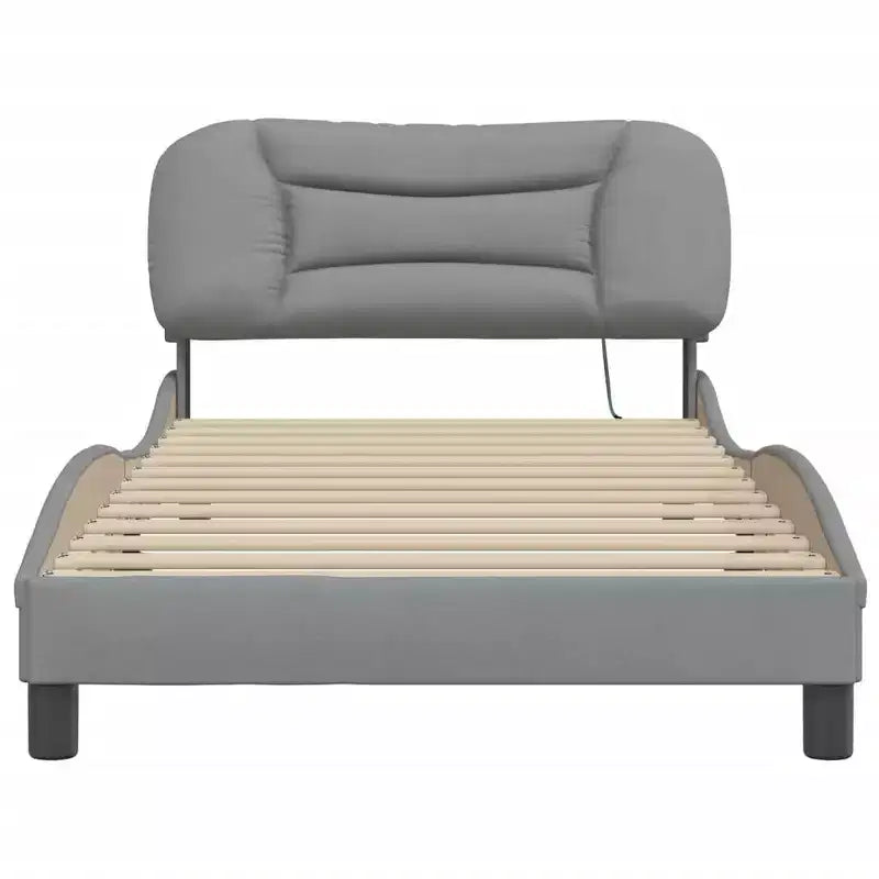 Bed Frame with LED Lights, Curved Platform, Fabric Upholstered Headboard