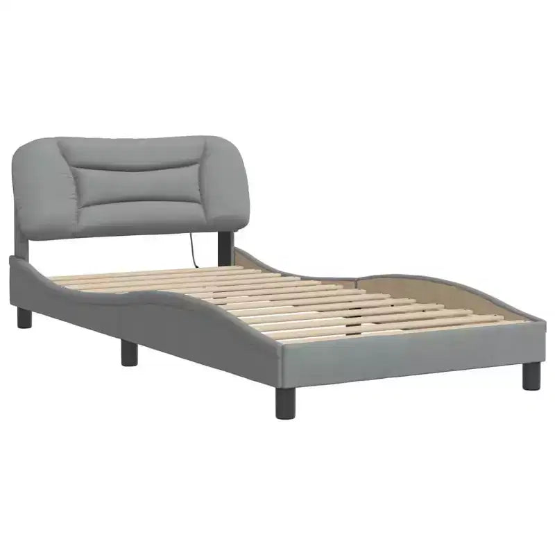 Bed Frame with LED Lights, Curved Platform, Fabric Upholstered Headboard