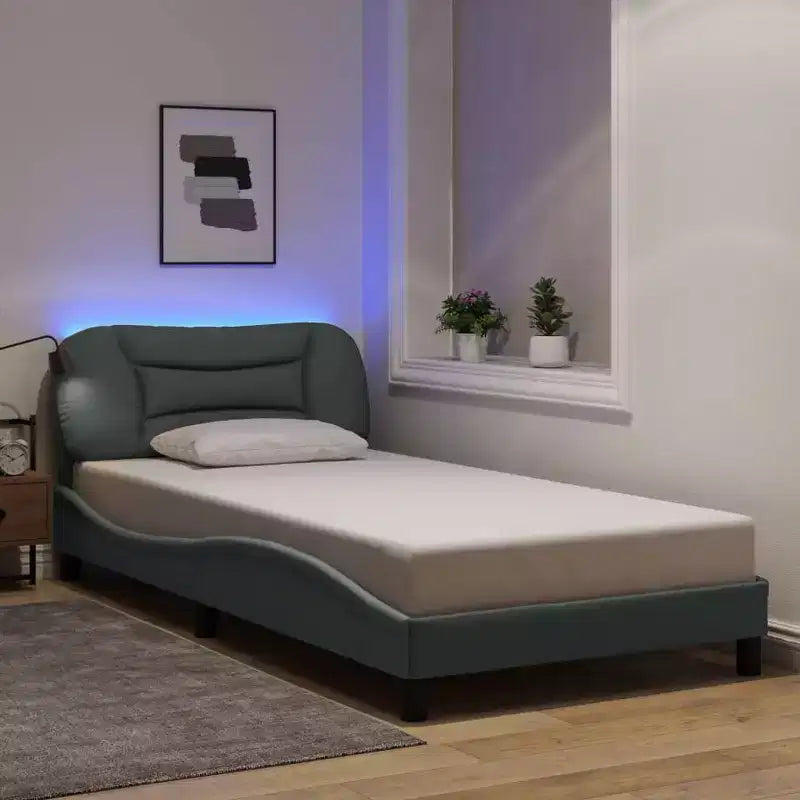Bed Frame with LED Lights, Curved Platform, Fabric Upholstered Headboard
