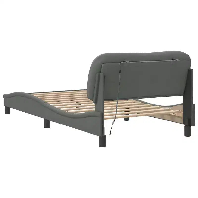 Bed Frame with LED Lights, Curved Platform, Fabric Upholstered Headboard